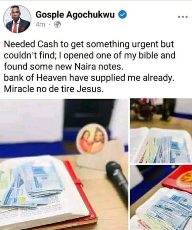 Nigerian Pastor Claims New Naira Notes Miraculously Appeared In His Bible From Heaven