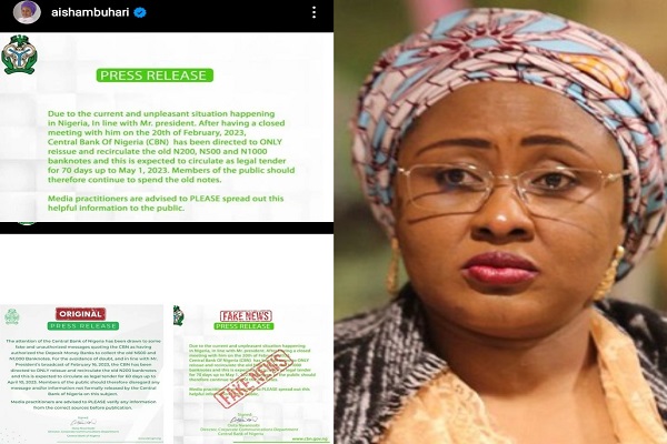 Aisha Buhari Deletes Her Fake CBN Post On Instagram As CBN Threatens Prosecution For Spreading Fake News