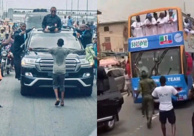 They Flung Him Like A Roasted Corn - Moment Tinubu's Supporter Tried Recreating Obi Supporter's Viral Campaign Photo (Watch)