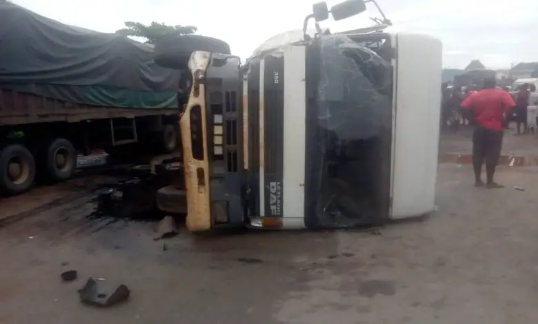 JUST IN: Tension In Anambra As Container Falls On Bus, Kills Five Passengers   [PHOTO]