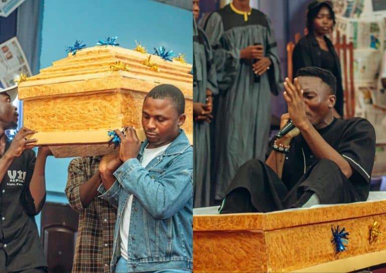 Mixed Reactions As Gospel Artiste Arrives Church In Casket 