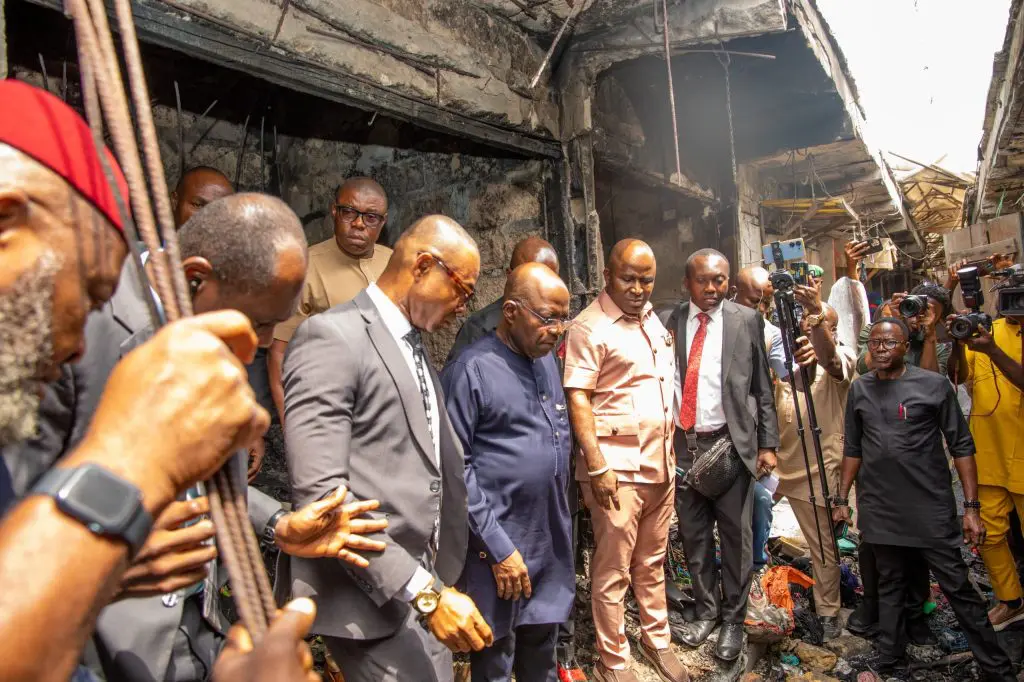 Gov Otti Visits Aba Market Razed By Fire, Promises To Rebuild Shops