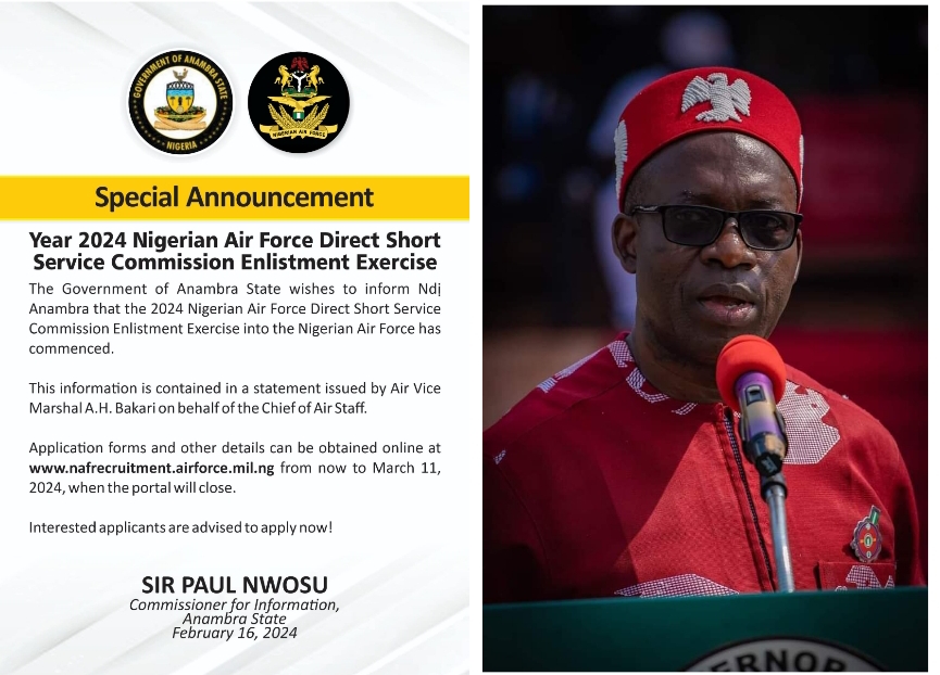 Announcement: Year 2024 Nigerian Air Force Direct Short Service Commission Enlistment Exercise