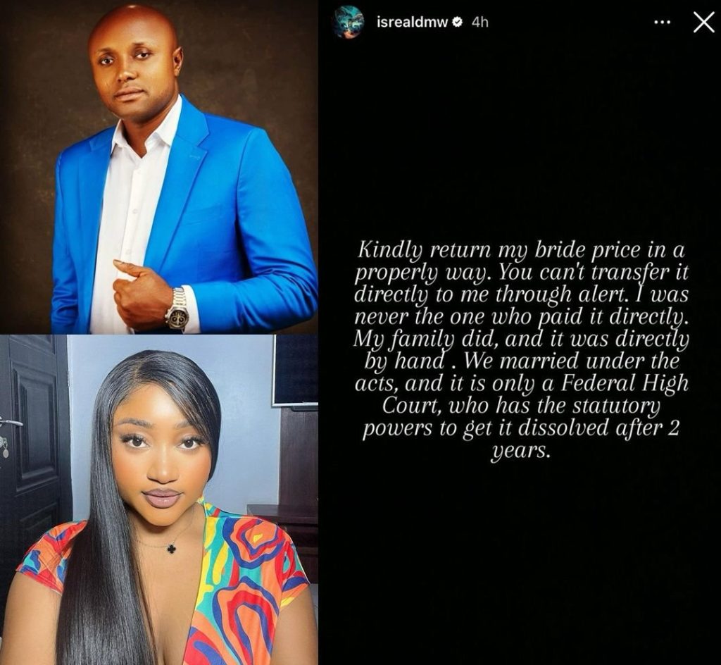 Return My Bride Price In A Proper Way” - Israel DMW Tells Estranged Wife After She Refunded It Via Bank Transfer