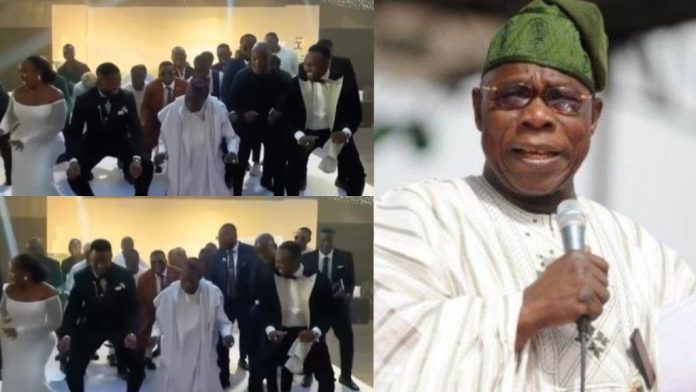 Age Is Just A Number: Moment 87-year-old Obasanjo Shows Off His Strong Knees While Dancing With Newlyweds (Video)