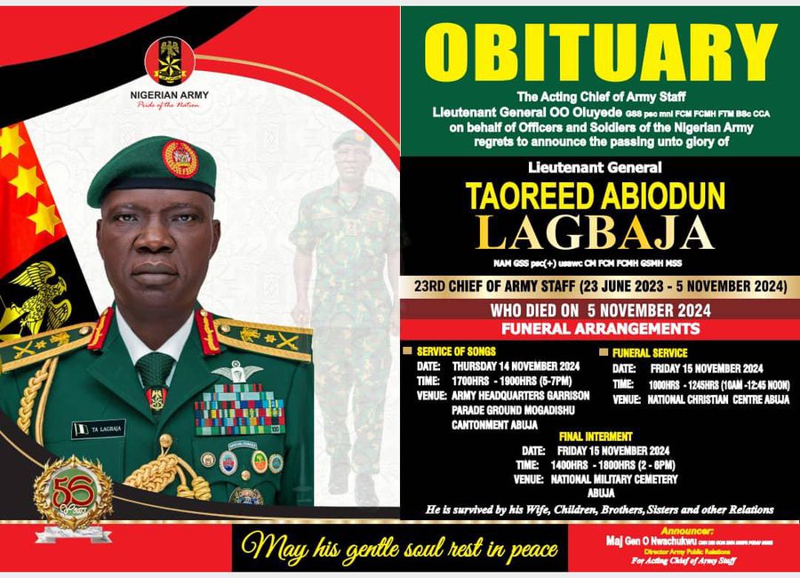 Nigerian Army Releases Funeral Details for Late Chief of Army Staff, Taoreed Lagbaja