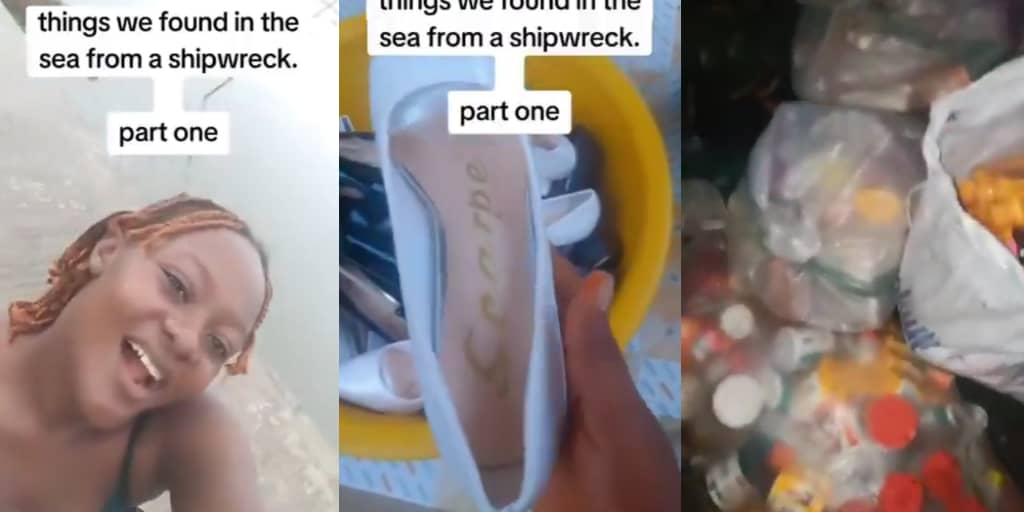 Nigerian Woman Goes Viral After Displaying Items Retrieved from Shipwreck in Coastal Community