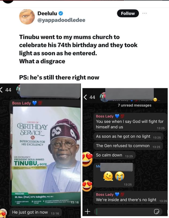Drama at Church as Woman Alleges Blackout, Generator Failure During Tinubu’s Visit