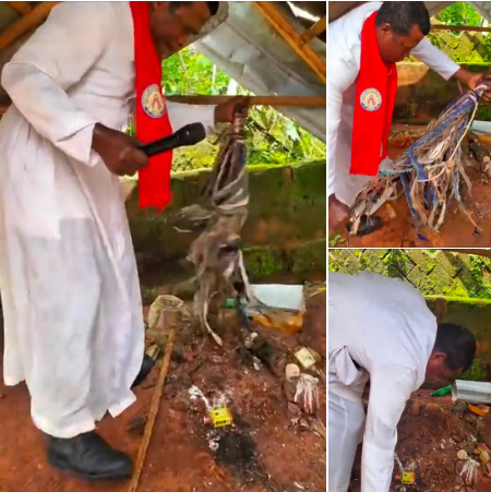 VIDEO: Catholic Priest Okunerere Sparks Reactions After Pulling Down Traditional Shrine With Bare Hands