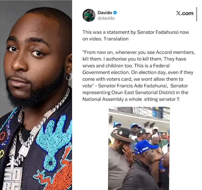 Davido Calls Out Osun Senator Fadahunsi Over Call To K!ll Members Of The Accord Party Which Is His Uncle’s Political Party