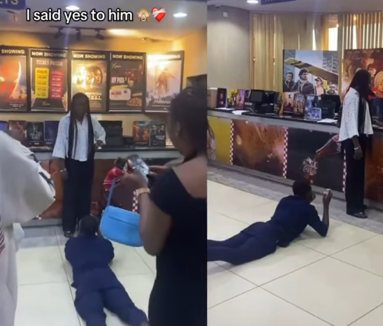 Finished' Nigerian Man Prostrates To Propose To His Woman At Cinema (Video)