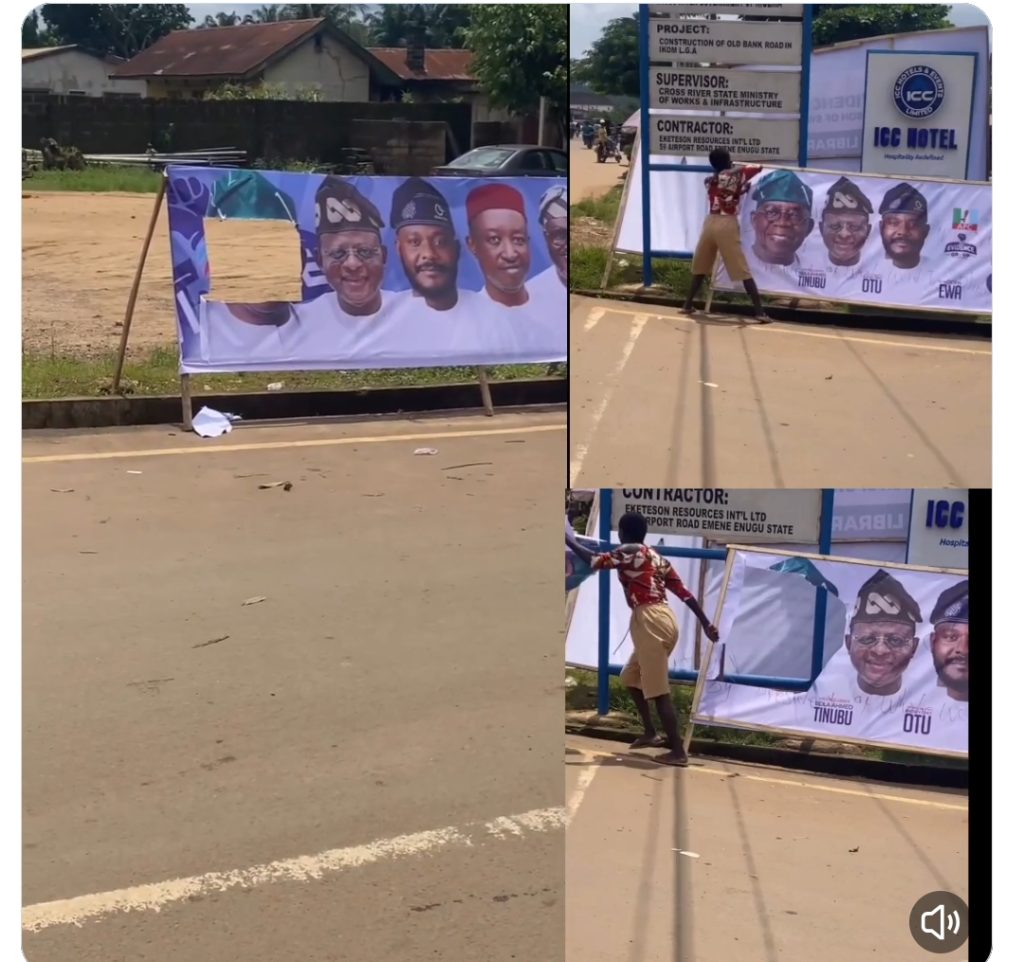 VIDEO: Woman Destroys Tinubu’s Campaign Banner in Cross River, Sparks Online Reactions