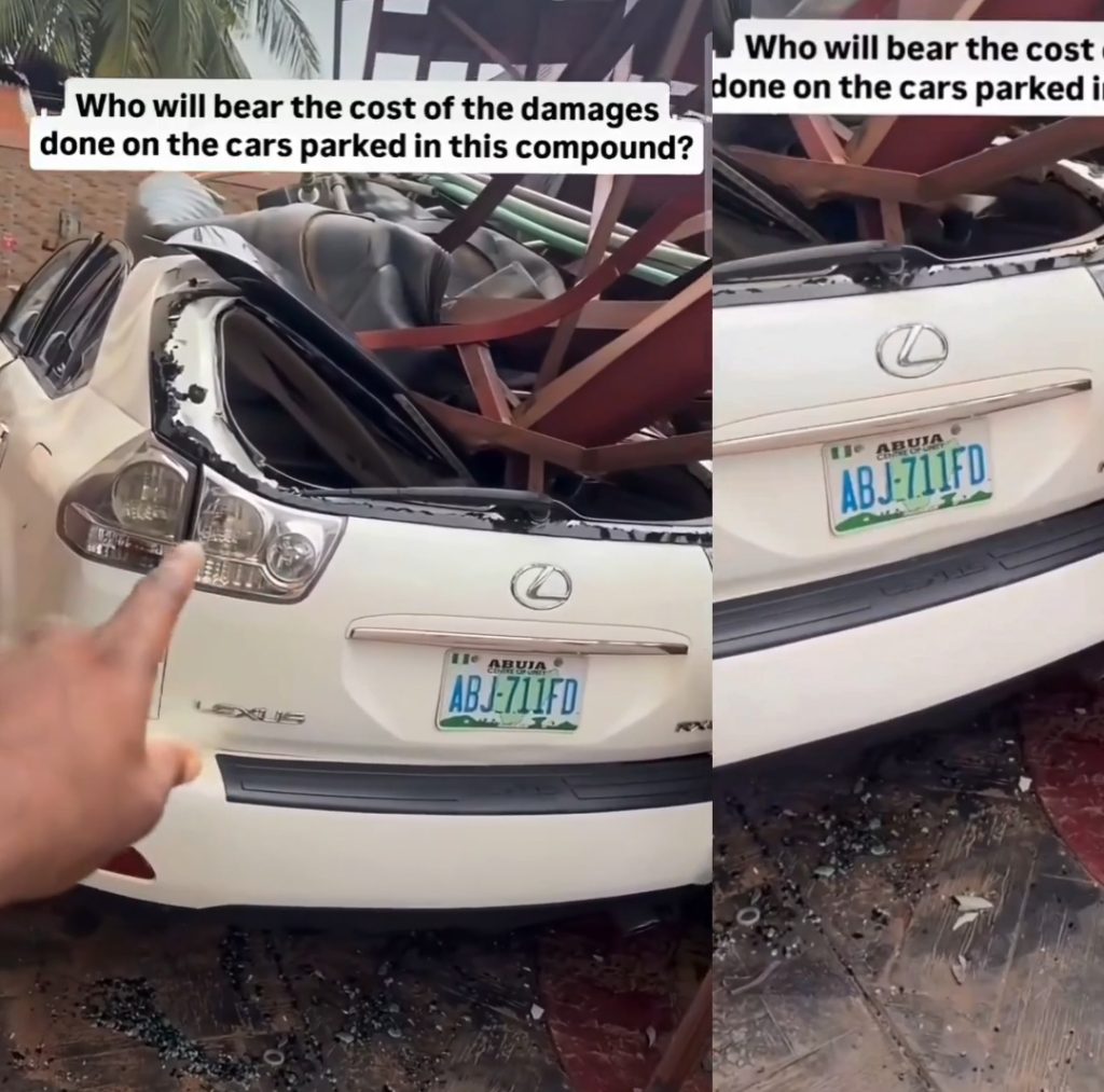 Man Cries Out After Overhead Water Tank Collapses On Cars In Enugu Compound 